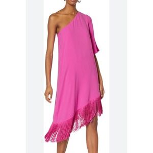 Trina Turk Gull Dress Hot Pink One Shoulder‎ Fringe Hem cocktail party glam